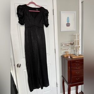 Lulus | Spark My Interest Black Satin Glitter Puff Sleeve Jumpsuit